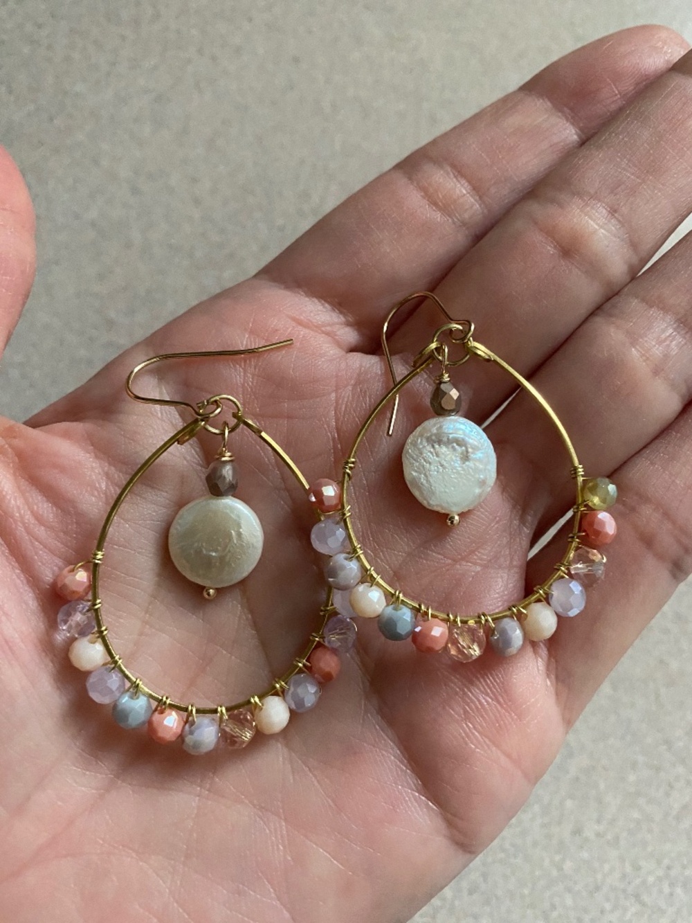 Handmade Hoop Earrings with Coin Pearl & Multicolor Beads - Picture 3 of 3